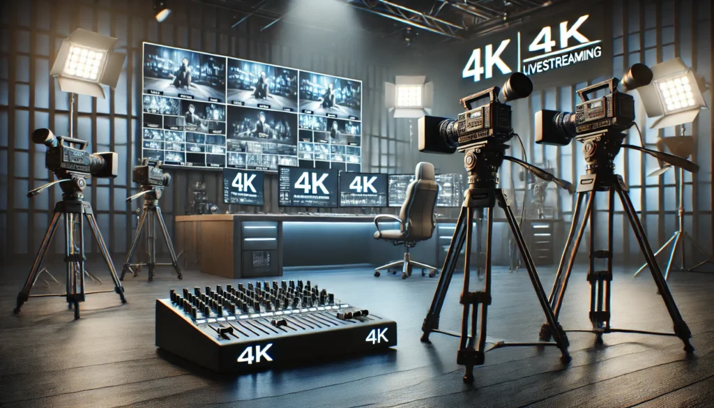 Professionelles 4K-Livestreaming-Setup in einem modernen Studio mit mehreren Kameras, Echtzeit-Videoüberwachung und Encoding-Workstation.